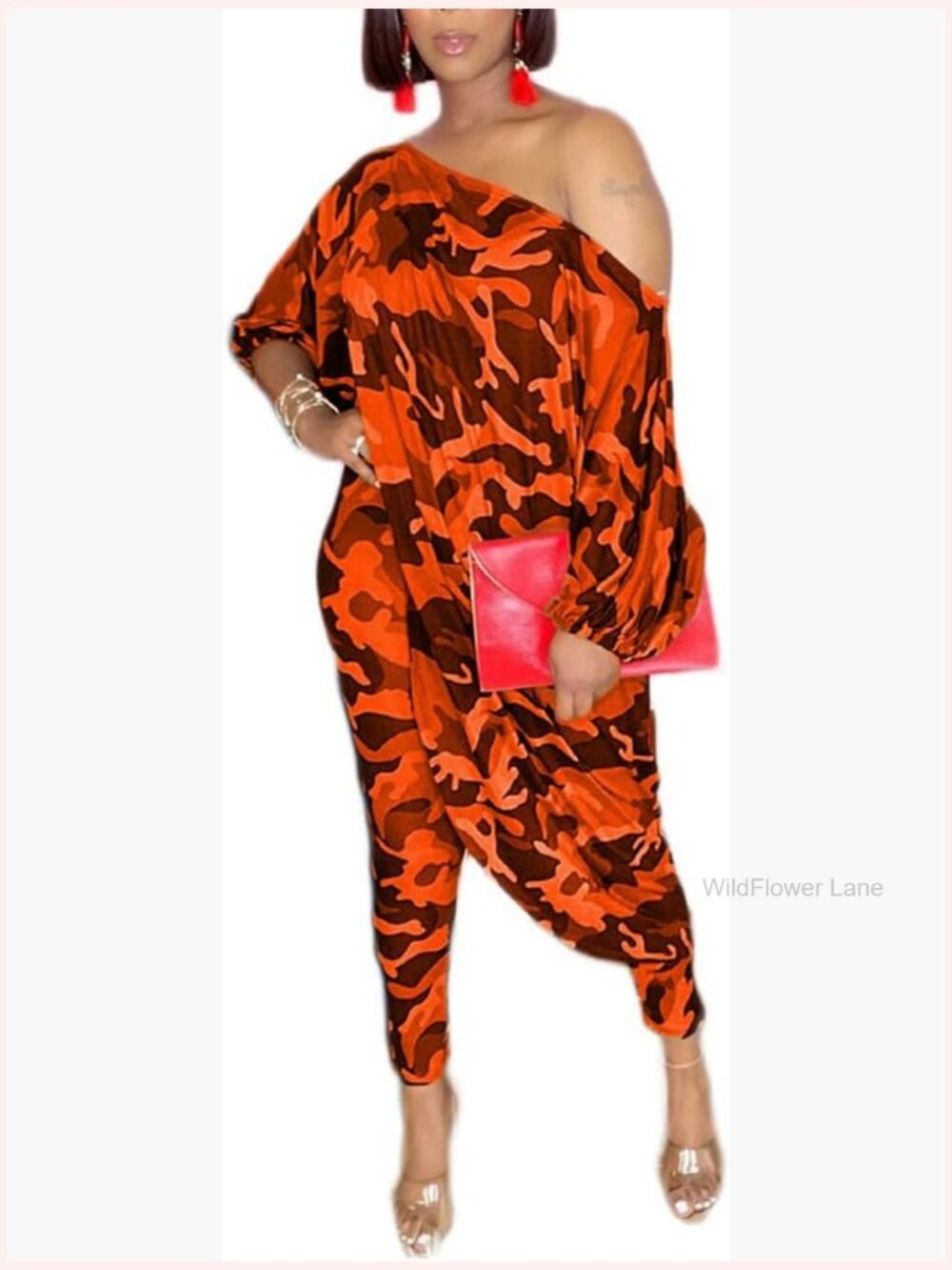 Irregular Hem Off Shoulder Jumpsuit with Elastic Waist - 2 Piece Set